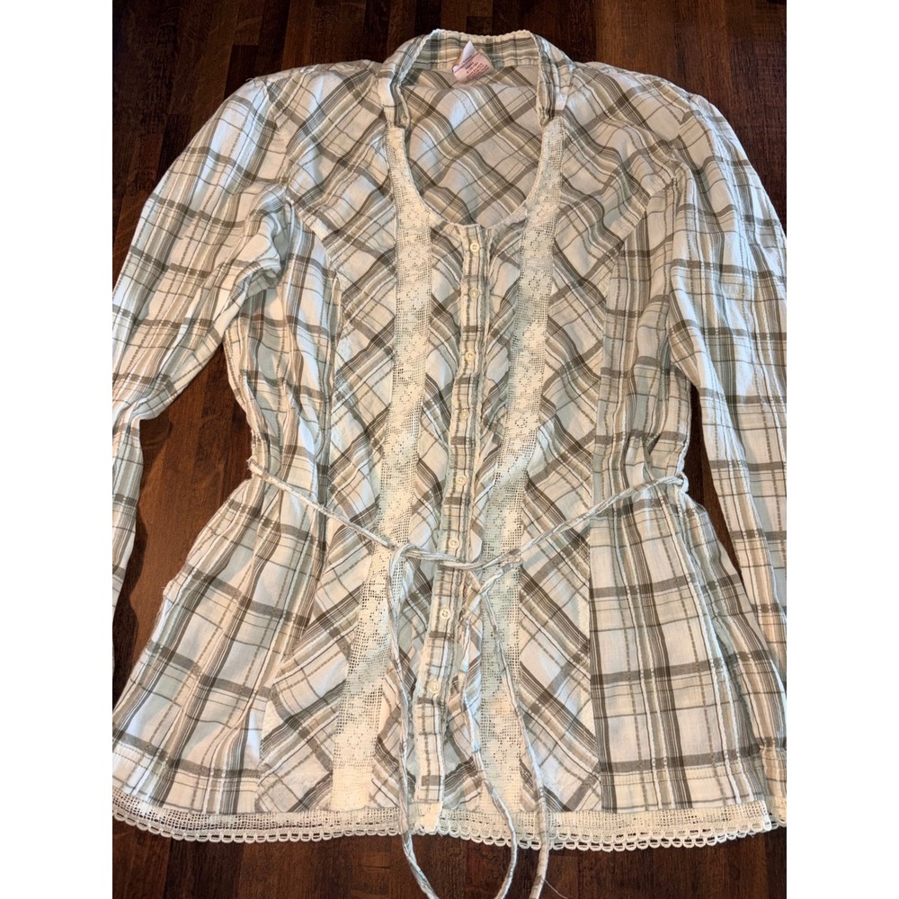 Faded Glory Womens Plaid Lace Trim Button Up Top Olive Green White Large 12/14